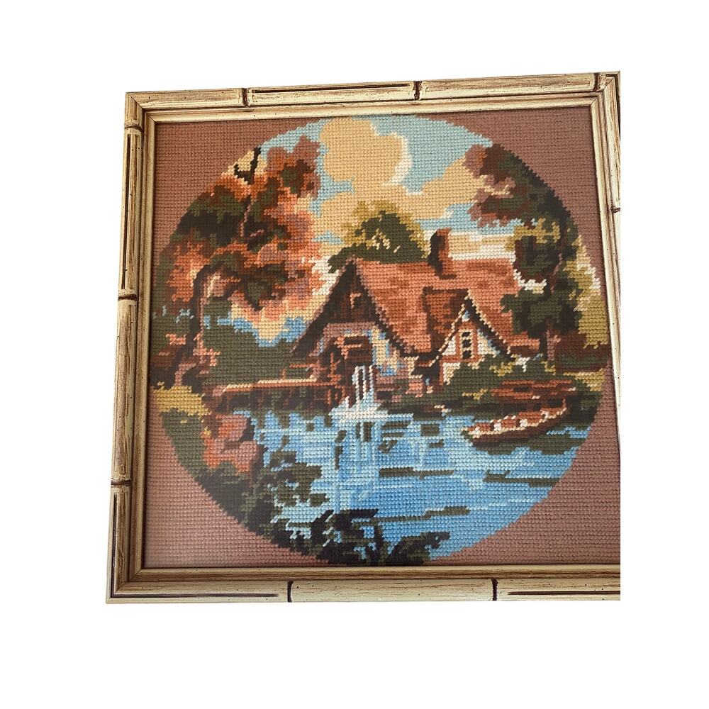 Framed Needlepoint Cottage Core, Cottage Scene Professional framed 12 x 12